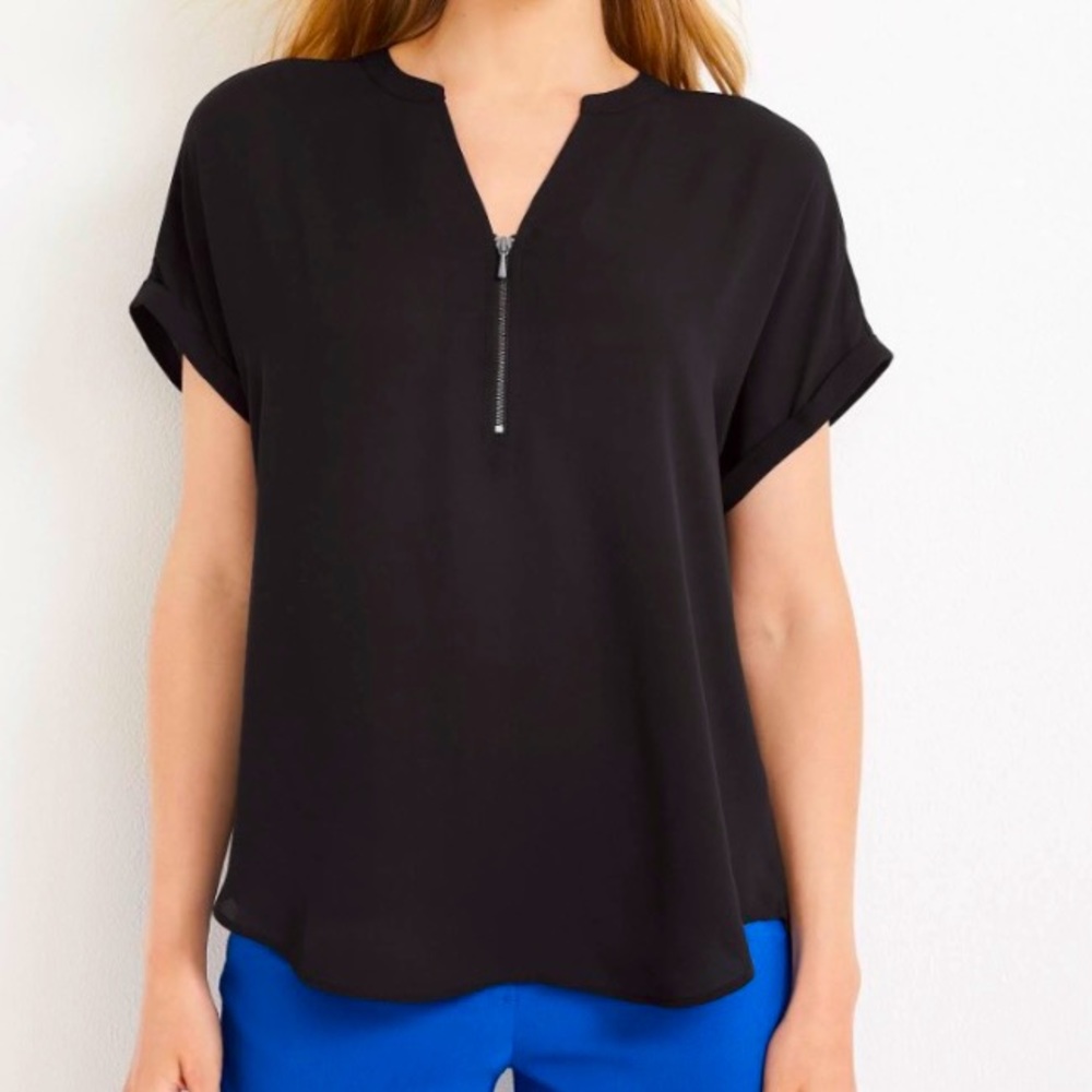 Tahari Navy Blue Mid Zip Front Short Sleeves Size Medium